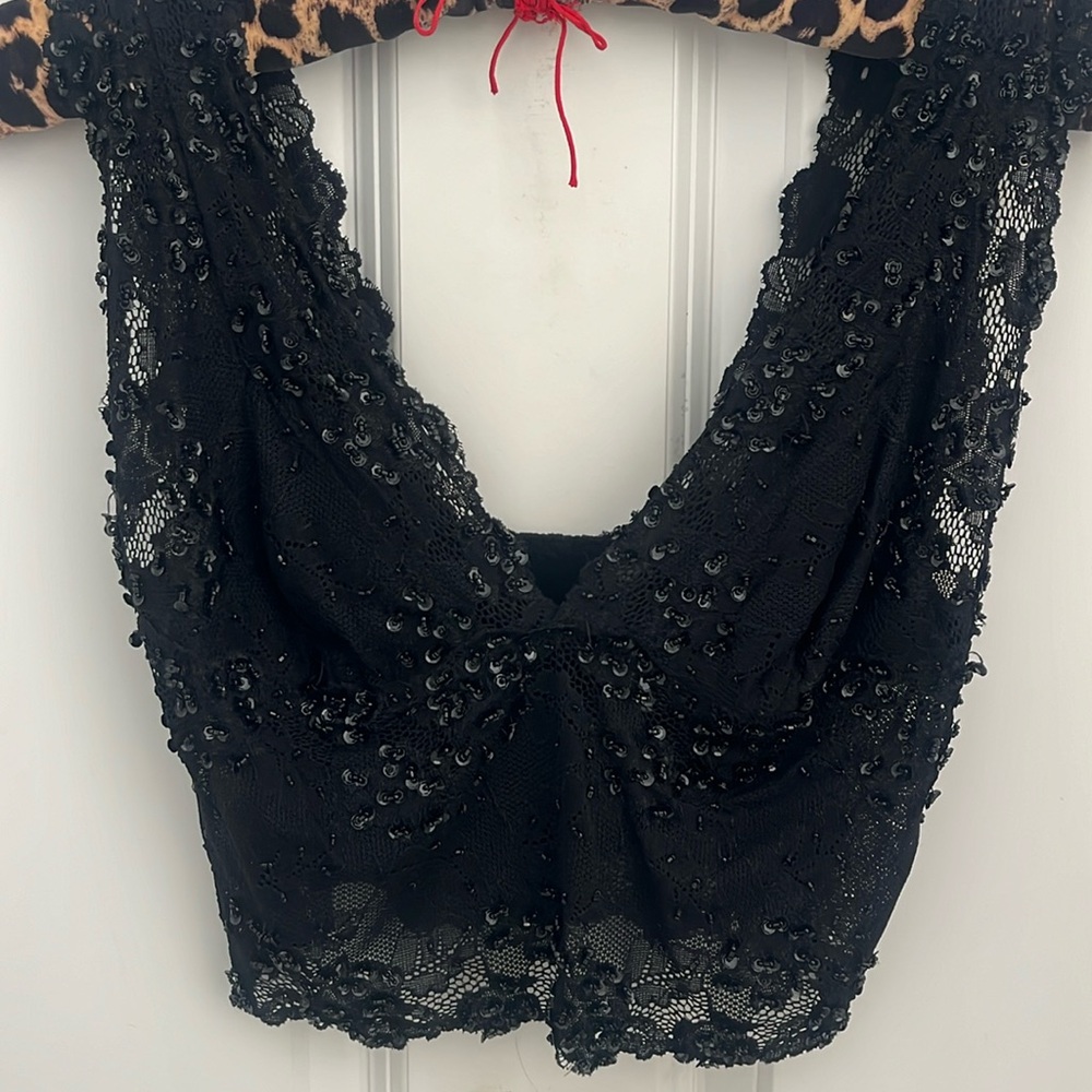 Bebe black crop top with beaded lace detailing, size medium